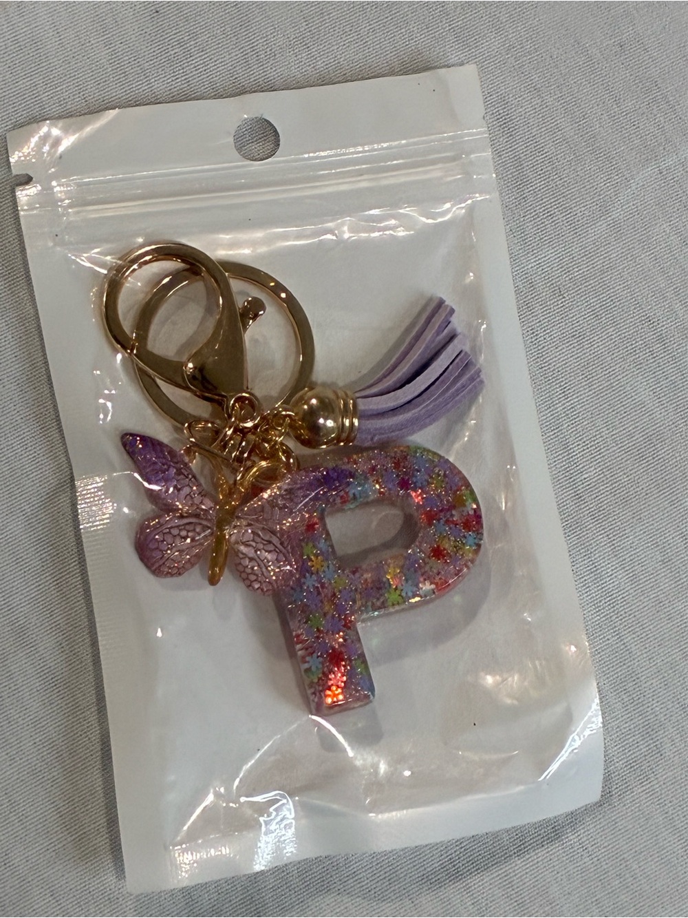 Purple Glitter Floral Initial 'P' Keychain with Butterfly and Tassel - Picture 2 of 2